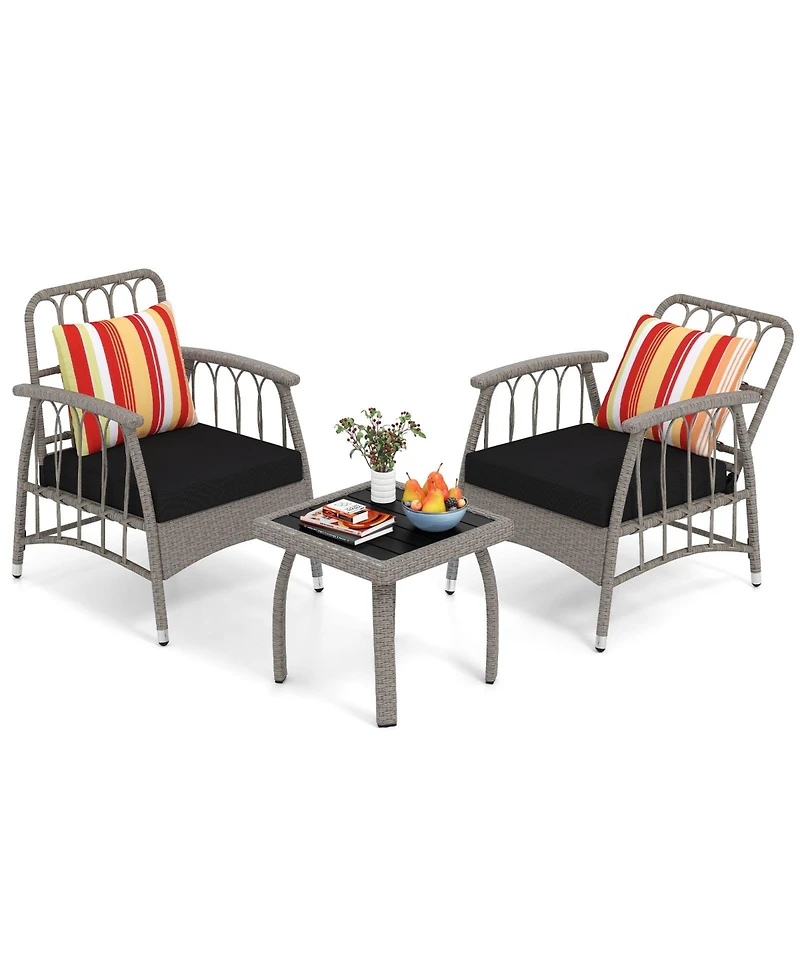 Gymax 3 Pcs Patio Pe Wicker Furniture Set w/ 5-Level Adjustable Backrest Bistro Set Outdoor