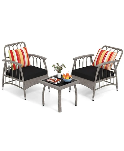 Gymax 3 Pcs Patio Pe Wicker Furniture Set w/ 5-Level Adjustable Backrest Bistro Set Outdoor