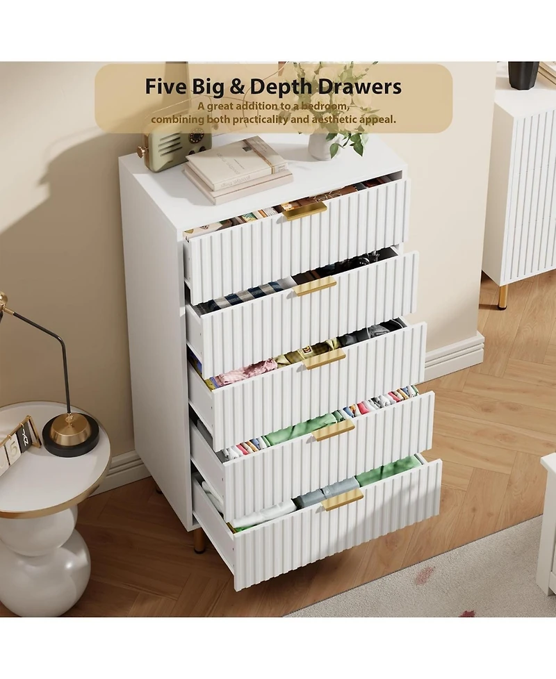 gaomon 5 Drawer Dresser for Bedroom, Fluted Tall Dresser with Large Drawers and Sturdy Gold Legs Support