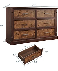 gaomon Farmhouse 6 Drawers Dresser, 47 Long Wood Closet Dressers Organizer, Rustic Chest of for Bedroom Living Room Hallway Entryway