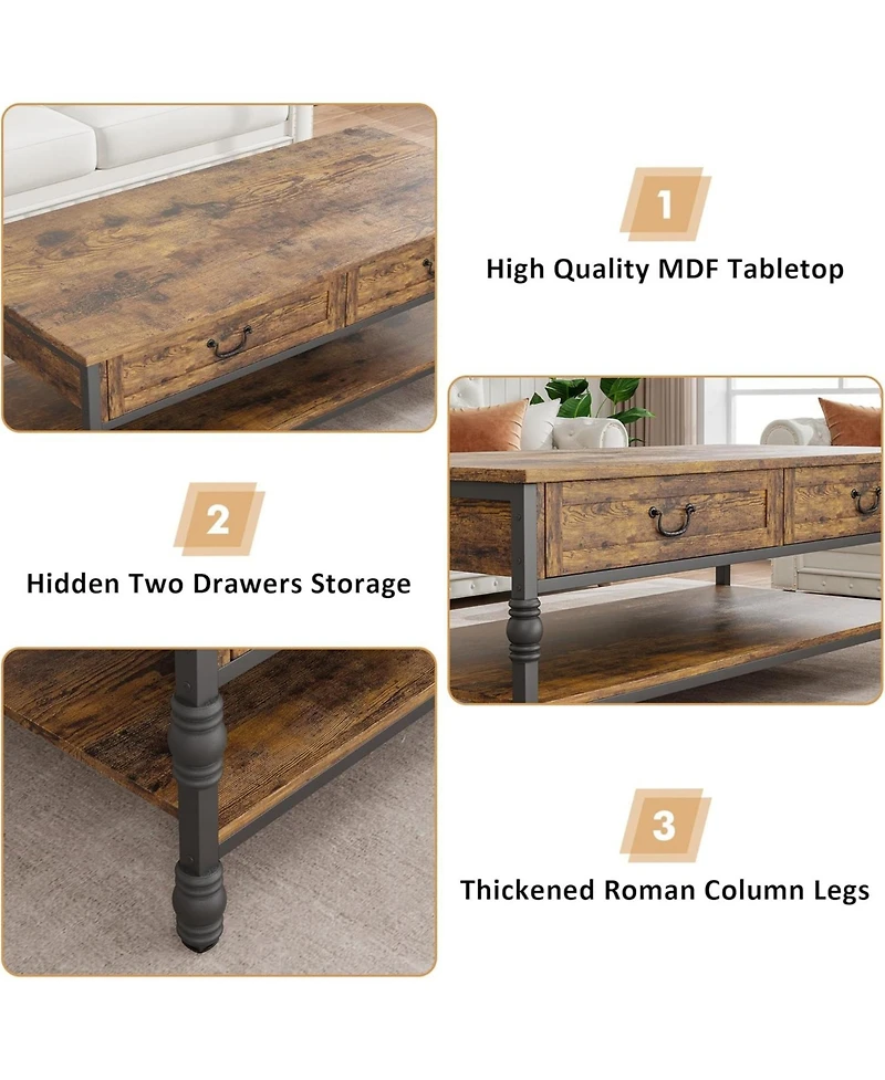 gaomon 41" Coffee Table with 2 Storage Drawers