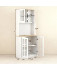 Yigii 72" Kitchen Pantry Cabinet with Hutch, Glass Doors, Adjustable Shelves