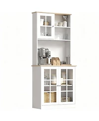 Yigii 72" Kitchen Pantry Cabinet with Hutch, Glass Doors, Adjustable Shelves