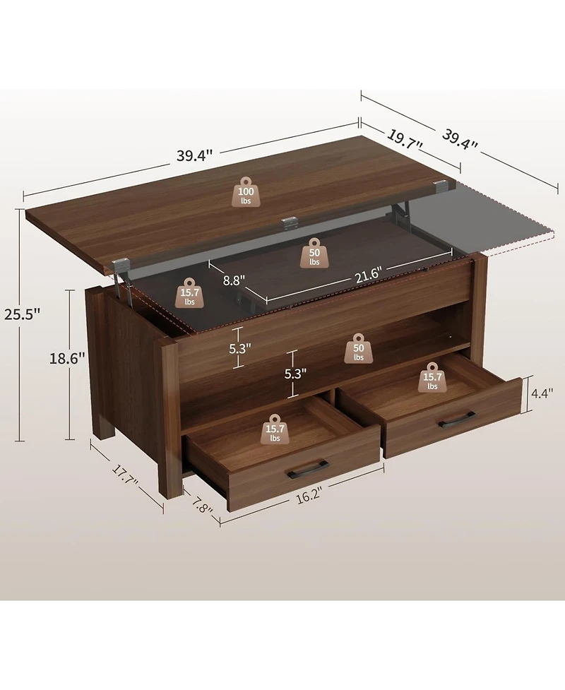 gaomon 40" Coffee Table Lift Top, Multi-Function Convertible with Drawers and Hidden Compartment, Converts to Dining for Living