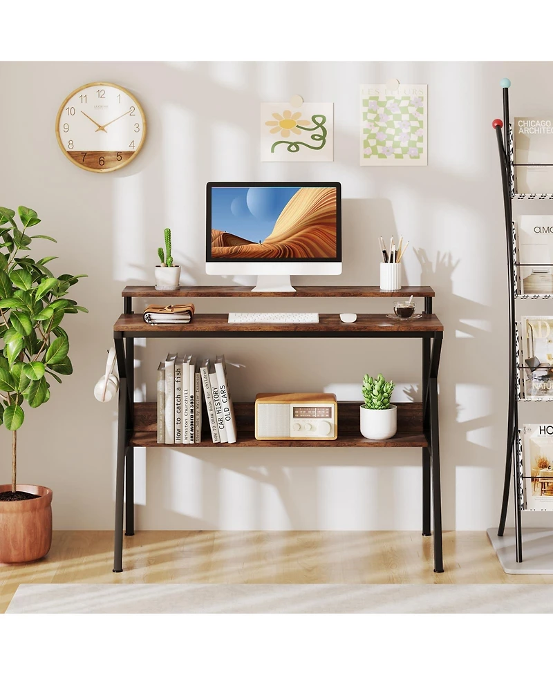 Mecale Small Space Computer Desk with Monitor Stand and Storage Shelf, Study Workstation