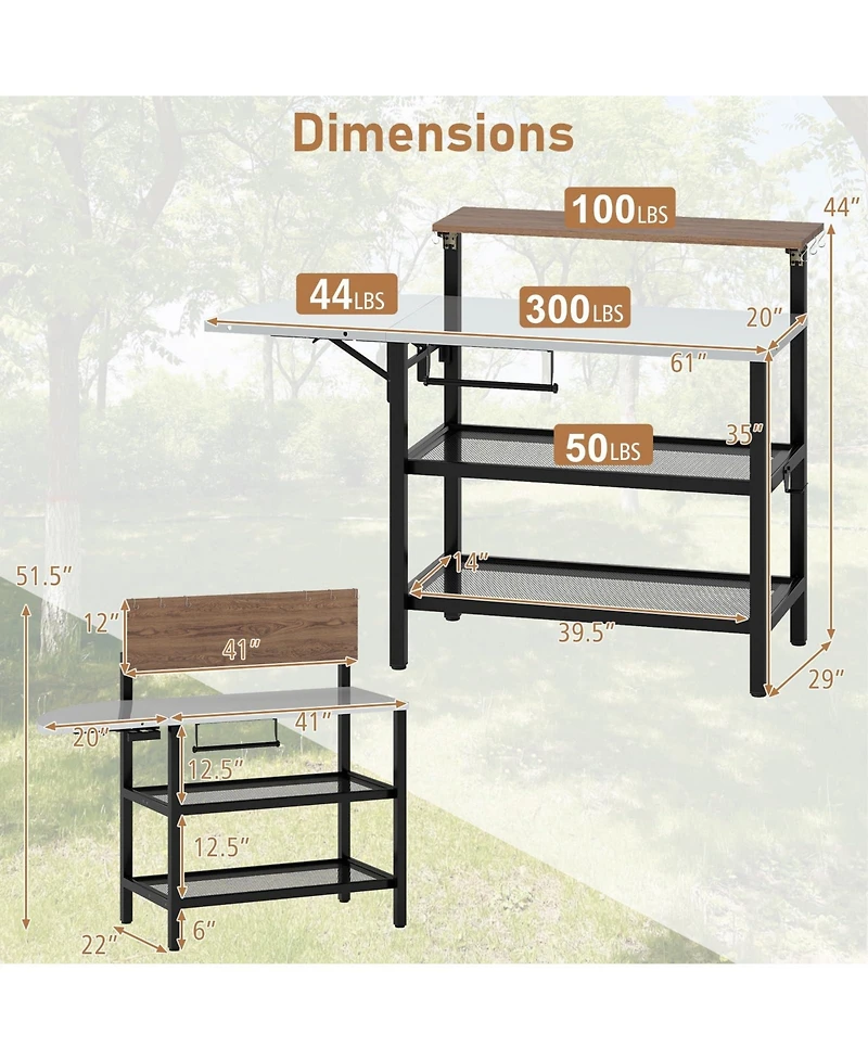 Mecale Outdoor Foldable Grill Table with Flip-Up Top and 2 Storage Shelves for Backyard