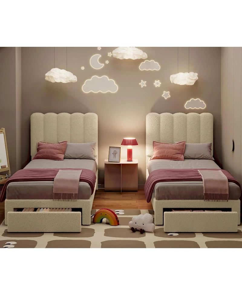 gaomon Bed Frame, Boucle Upholstered Platform with Wave Headboard Easy Assembly, Wooden Slats Support, No Box Spring Needed