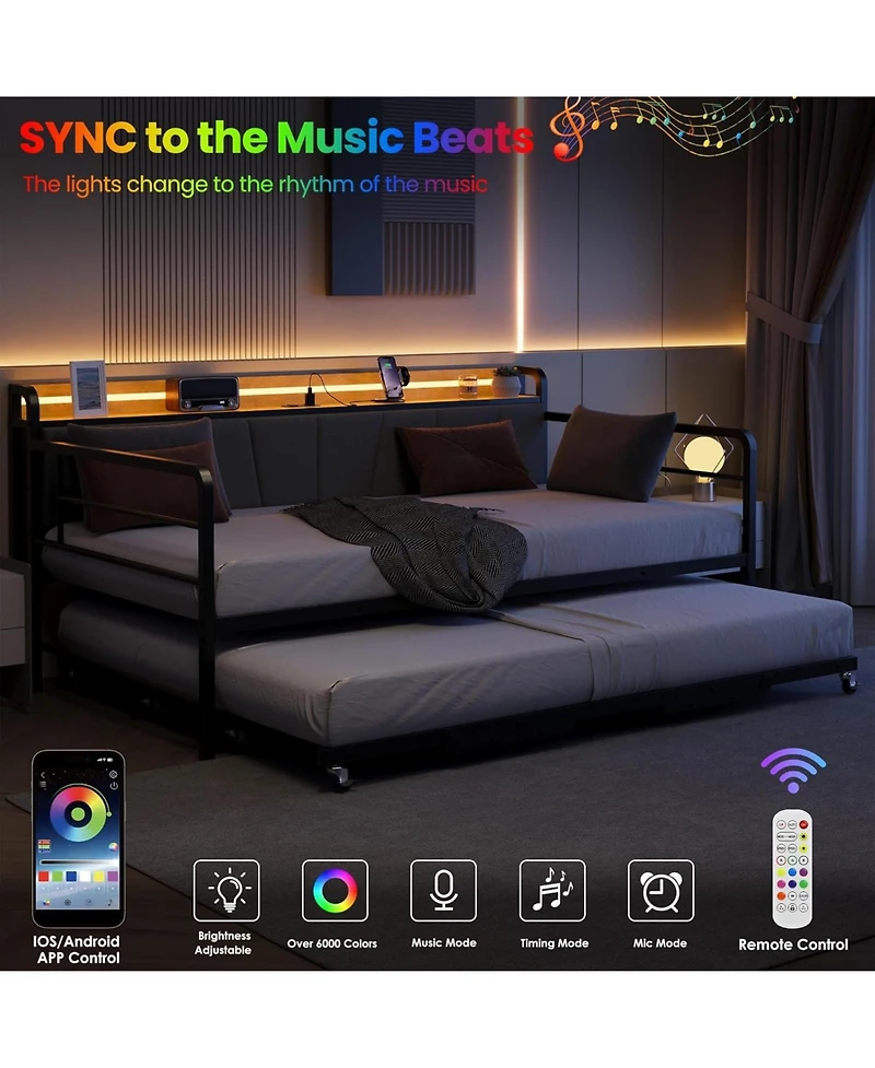 gaomon "Metal twin daybed with trundle, Led lights, upholstered headboard, and charging station."
