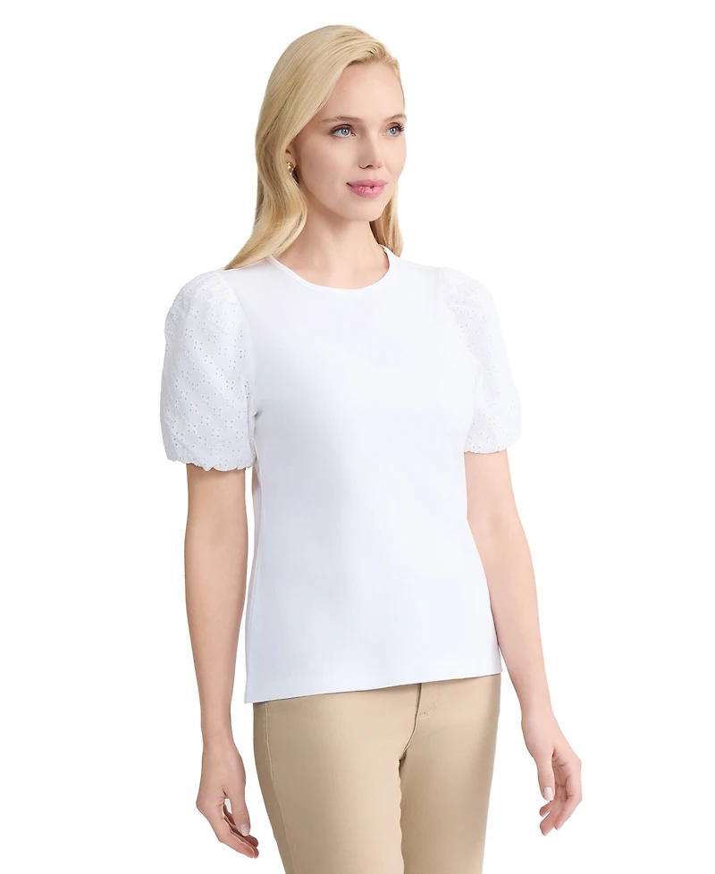 Jones New York Petite Eyelet Sleeve Crewneck T-Shirt