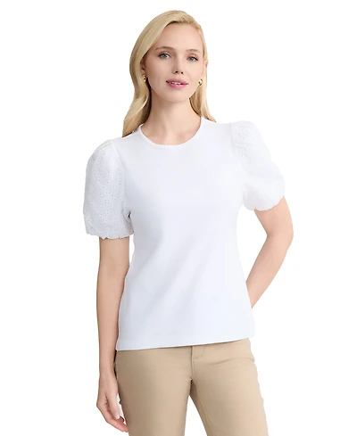 Jones New York Petite Eyelet Sleeve Crewneck T-Shirt