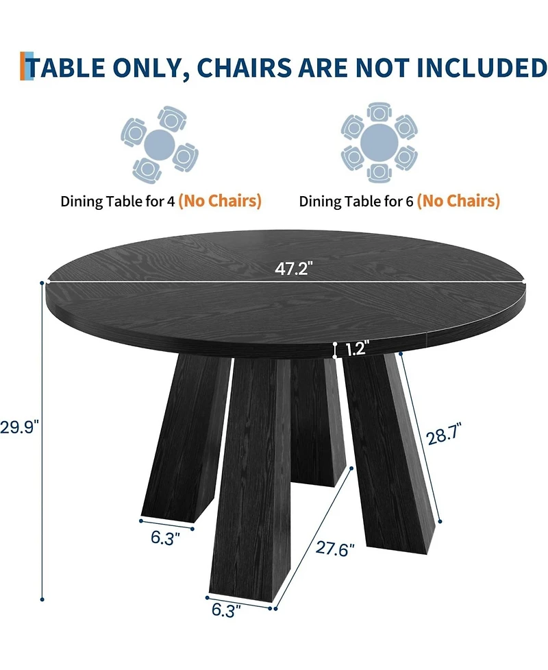 gaomon 47" Round Dining Table for 4-6, Wood Kitchen with Sturdy Base, Farmhouse Circle Dinner Room, Living 4 Strong