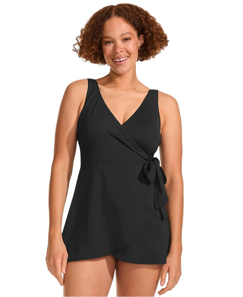 Lands' End Women's Mastectomy Long Side Tie Mini Swim Dress Swimsuit