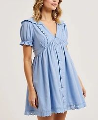 Modenaire Women's Button-Front Lace-Trim Puff-Sleeve Mini Dress