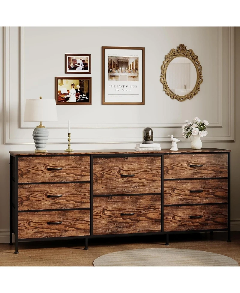 Gaomon 8 Drawer Fabric Dresser Tv Stand with Wooden Top, Metal Frame Storage Chest, Wide Closet Orgzr for Bedroom Living Room Hallway, Natural Wood