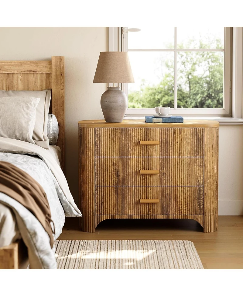 Tribesigns Oversized Nightstand with 3 Drawers, Mid Century Modern Large Wide Bedside Table for Bedroom, Big Night Stand with Fluted Striped Panel