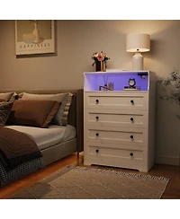 gaomon 4 Drawer Wood Dressers for Bedroom with Led Lights and Charging Station, Modern Nightstand Bedside, Wooden Chest of Drawers