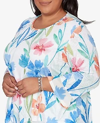 Alfred Dunner Plus Caribbean Blues Whimsical Flower Bell-Sleeve Top