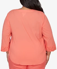 Alfred Dunner Plus Resort Living Textured Lace Scroll Henley Top