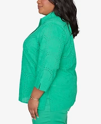 Alfred Dunner Plus Resort Living Eyelet Palm Tree Button Front Top