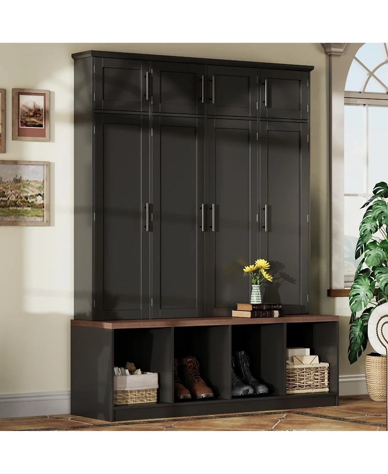 Clihome Farmhouse Hall Tree Walnut Seating Bench with 4 Hanging Hooks for Living Room