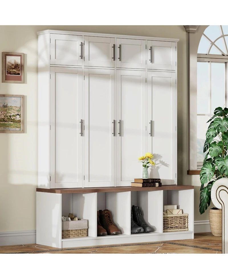 Clihome Farmhouse Hall Tree Walnut Seating Bench with 4 Hanging Hooks for Living Room