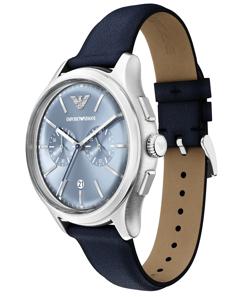 Emporio Armani Men's Quartz Chronograph Blue Leather Watch, 42mm
