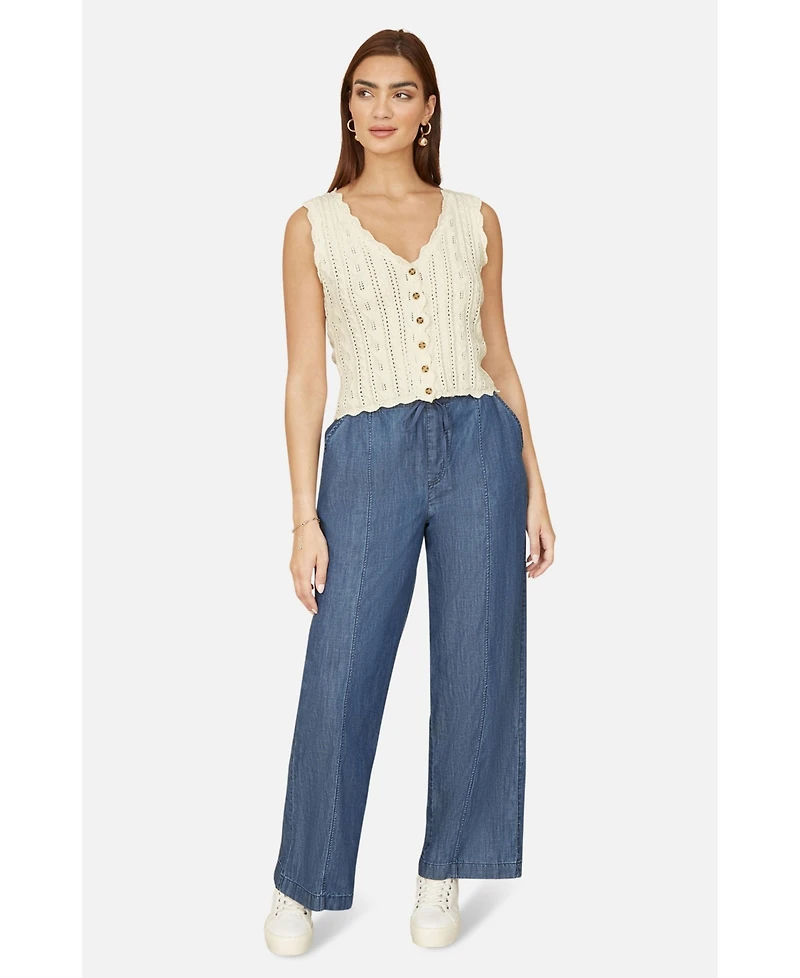 Yumi Women's V Neck Button Down Crochet Knitted Top