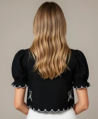 Modenaire Women's Bianca Puff Sleeve Tie-Front Embroidered Top