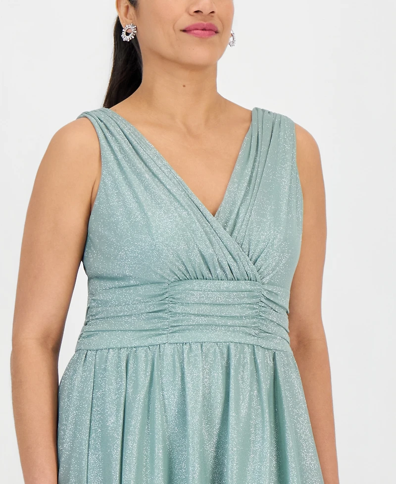 Connected Petite Surplice-Neck Sleeveless Shimmer Dress