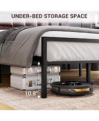 gaomon Queen Upholstered Metal Bed Frame with Square-Stitched Headboard, Faux Leather Platform Bed with Steel Slats Support, Box Spring Optional