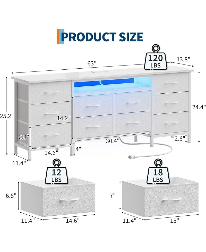 gaomon 63 Inch Tv Stand Dresser with 10 Drawers, Long Entertainment Center for TVs Up to 75 Inch