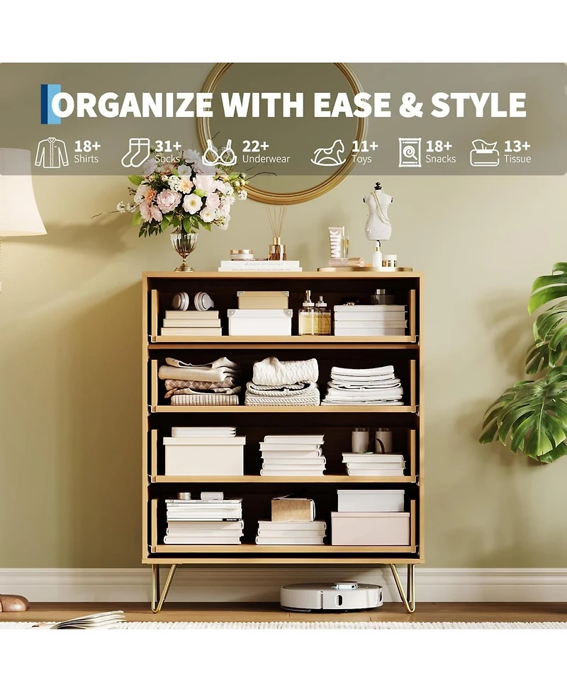 gaomon Fluted 4-Drawer Dresser for Bedroom, 32" Wide Modern Minimalist Chest of Wooden Drawers,Wide Clothes Storage Organizer