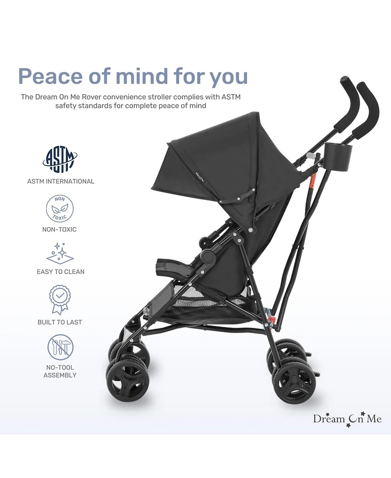 Dream On Me Toddler Rover Stroller: Lightweight, compact travel umbrella stroller. One-hand fold, lockable rear wheels, adjustable canopy, & 3-point h