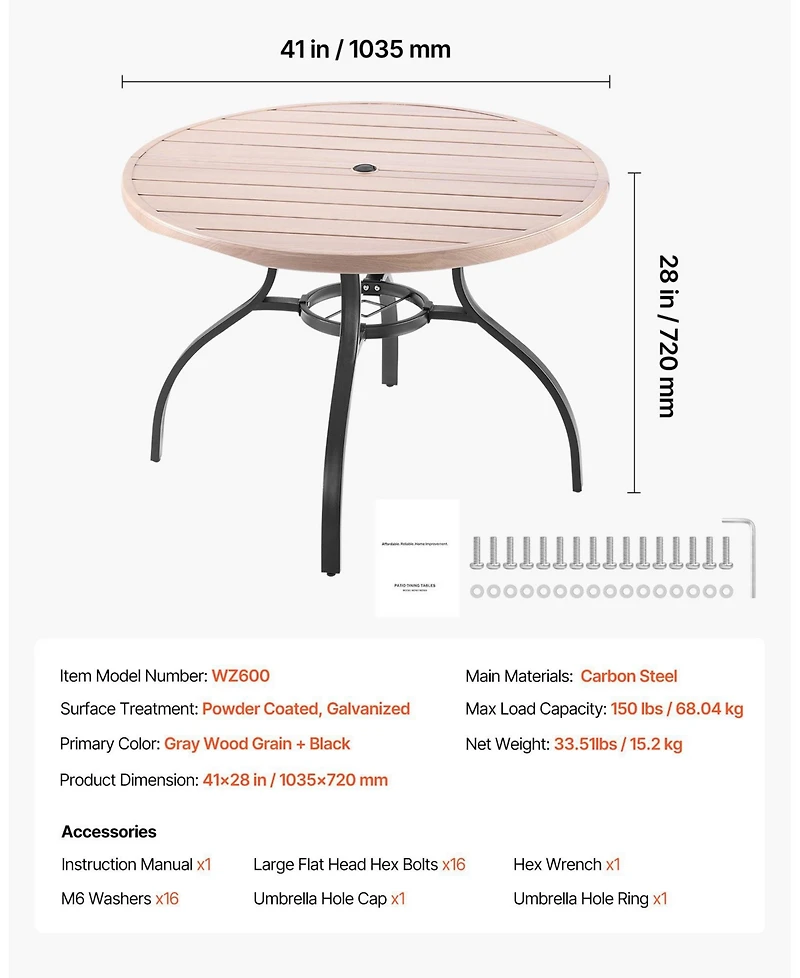 Mecale Round Outdoor Patio Dining Table with Wood-Like Steel Slats and 1.5" Umbrella Hole