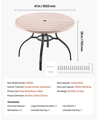Mecale Round Outdoor Patio Dining Table with Wood-Like Steel Slats and 1.5" Umbrella Hole
