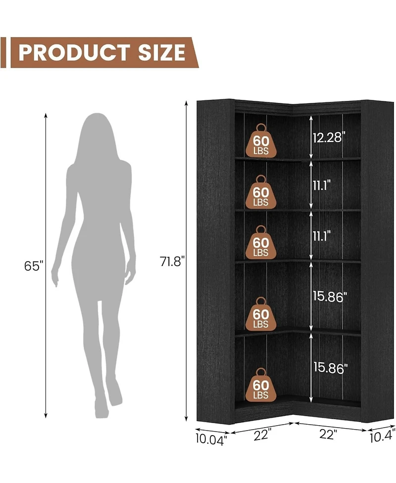 gaomon 71.8" Corner Bookshelf, 5-Tier L-Shaped Farmhouse Bookcase with Thickened Shelves & Anti-Tip Kit