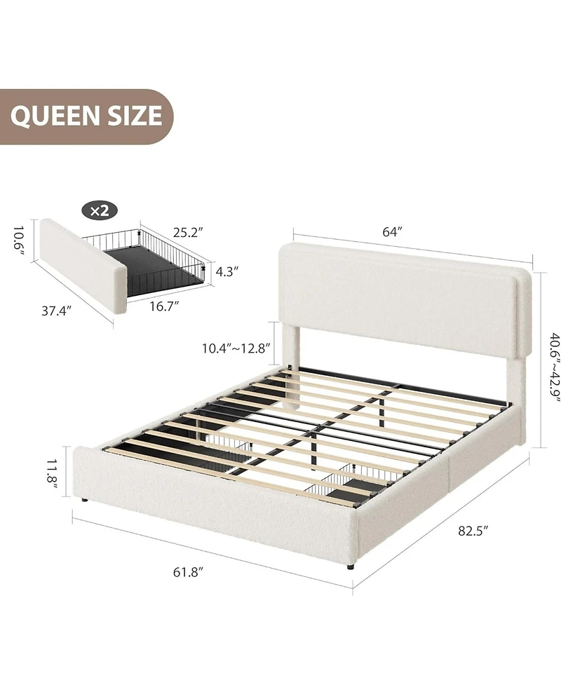 gaomon Teddy Fleece Bed Frame, Cloud Cream Bed Frame with 2 Storage Drawer and Adjustable Headboard, Soft Teddy Fabric