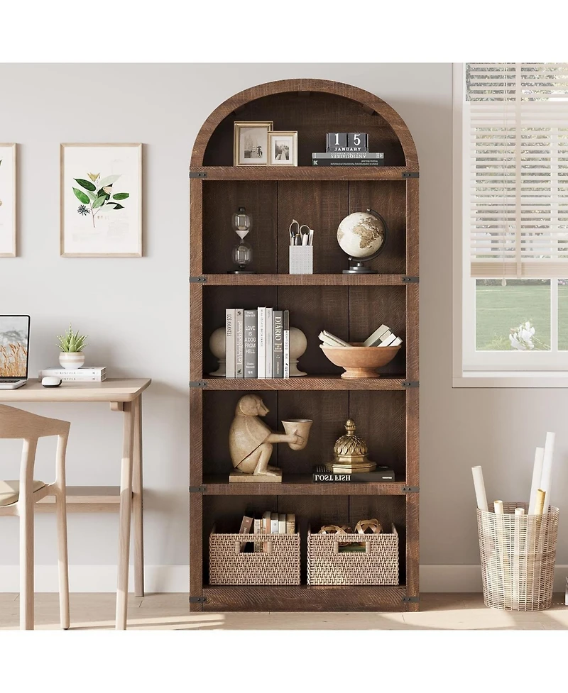 gaomon 71" Tall 5-Shelf Arched Bookcase – Farmhouse Wooden Bookshelf with Display Storage Rack, Freestanding for Home Office, Liv