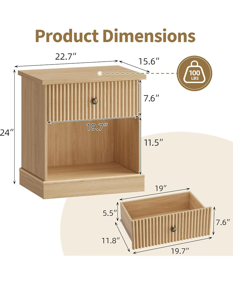 gaomon Fluted Nightstand with Drawer, Mid Century Modern Bedside Table with Open Shelf, Nightstand with Storage