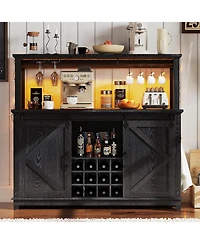 gaomon 55in Coffee Bar Cabinet Power Outlet and Led Light Removable 12Bottle Wine Rack Sliding Barn Door Buffet Cabinet for Home