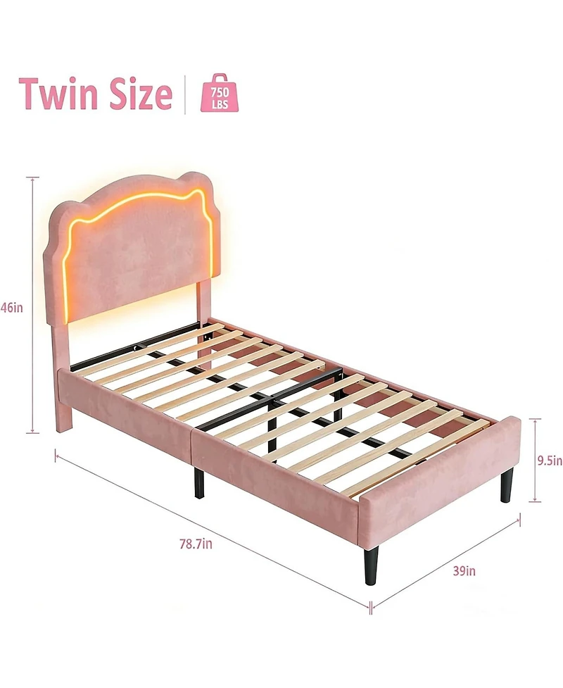 gaomon Twin Upholstered Smart Led Bed Frame with Velvet Princess Headboard, Wooden Slats Support, No Box Spring Needed
