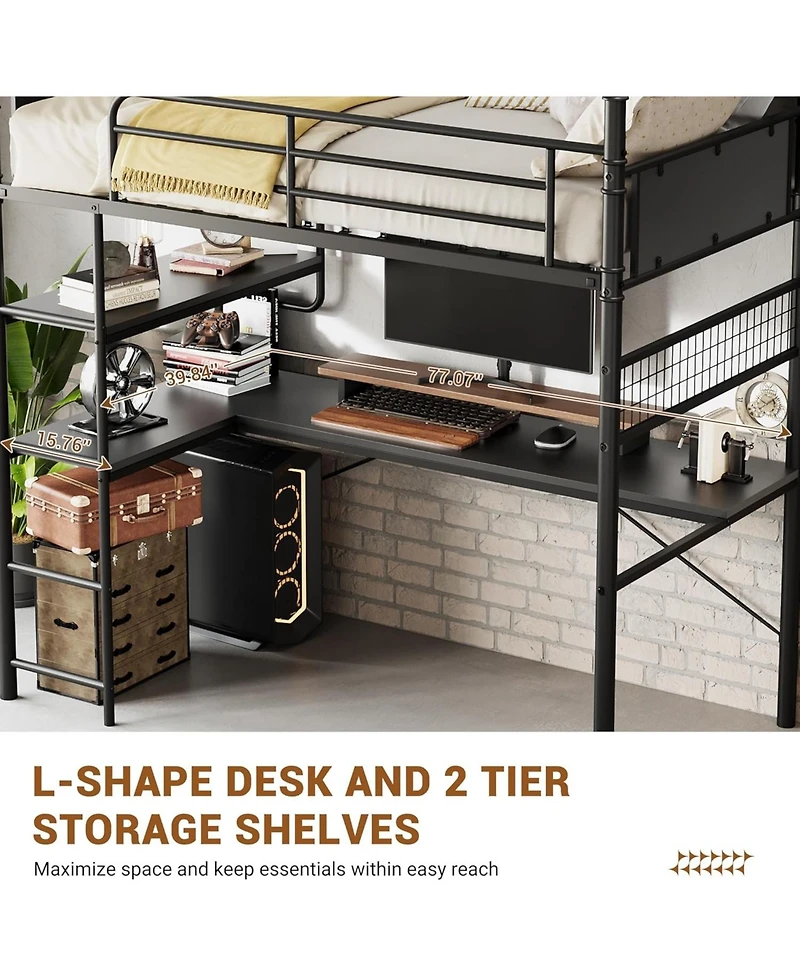 gaomon Loft Bunk Bed with L-Shaped Desk, Twin Desk Underneath, Metal Beds High Guardrail