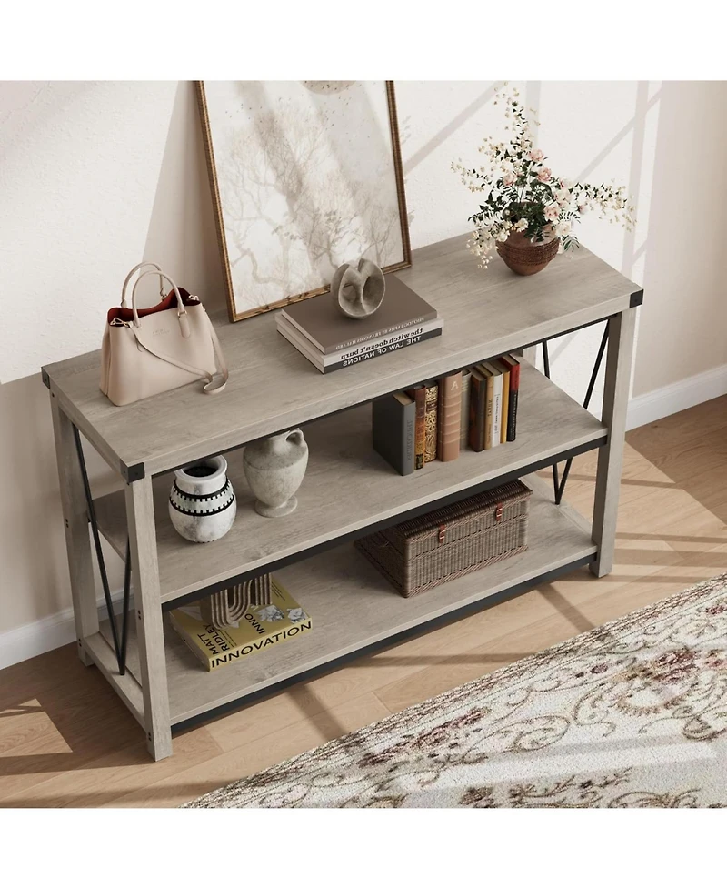 gaomon Farmhouse Table,47" Narrow Long Console Table with Storage, 3 Tier Wood Console Table for Living Room, Farmhouse Sofa Tables Behind