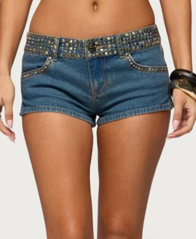 Edikted Womens Studded Low Rise Denim Micro Shorts