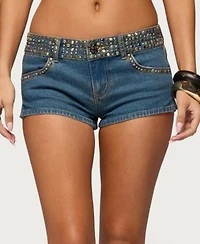 Edikted Womens Studded Low Rise Denim Micro Shorts