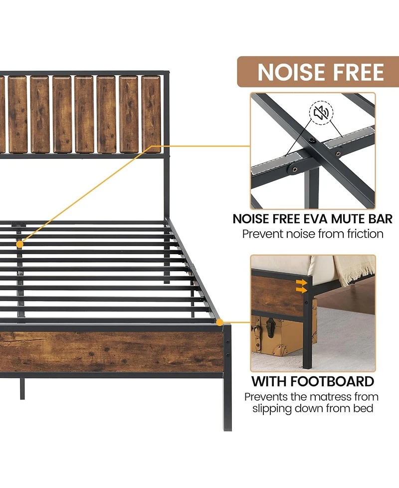 gaomon Full Bed Frame with Wood Headboard, Platform Metal Bed Frame Queen with 14 Heavy Duty Steel Slats, More Sturdy, Noise-Free, No Box Spring