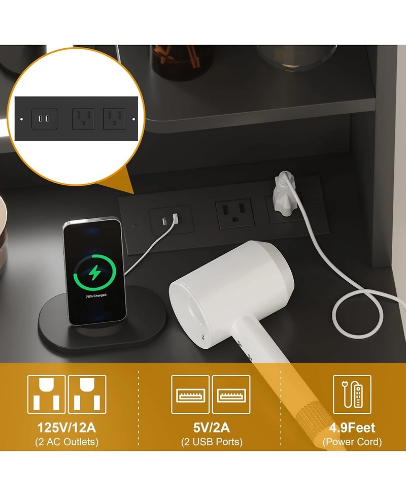 gaomon Makeup Vanity Desk with 3 Color Led Mirror - Dressing Table with Power Outlet - Vanity Table with 3 Drawers