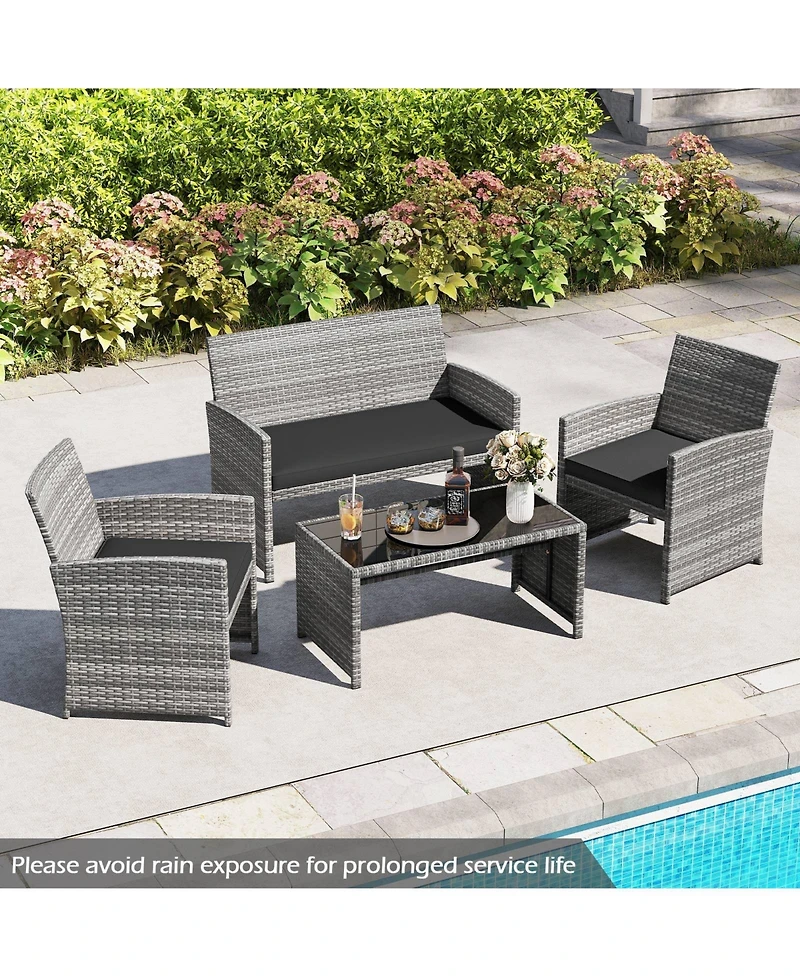Gymax Piece Patio Furniture Set Outdoor Wicker Conversation w/ Tempered Glass Coffee Table
