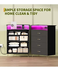 gaomon 4 Drawer Wooden Dressers for Bedroom with Led Lights & Charging Station, Modern Nightstand Bedside, Wood Chest of Drawers App Control