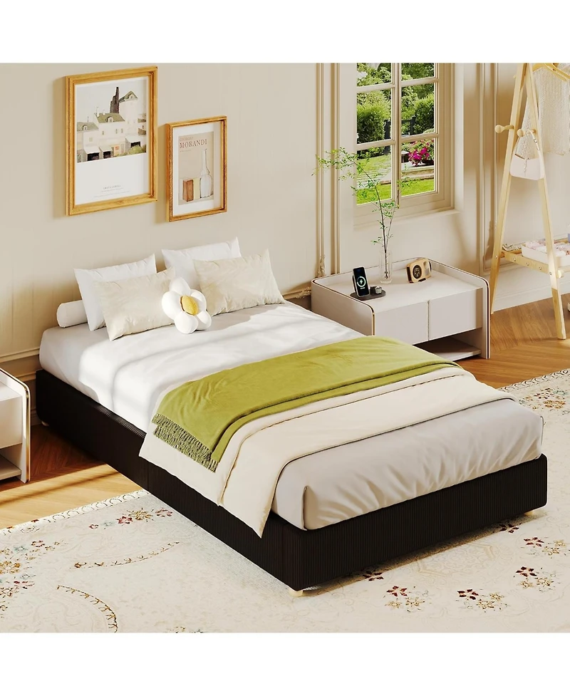 gaomon Twin Cloud Bed Frame, Soft Corduroy Fabric Low Platform Bed with Solid Wood Round Legs, Noiseless Bed Frame Without Headboard